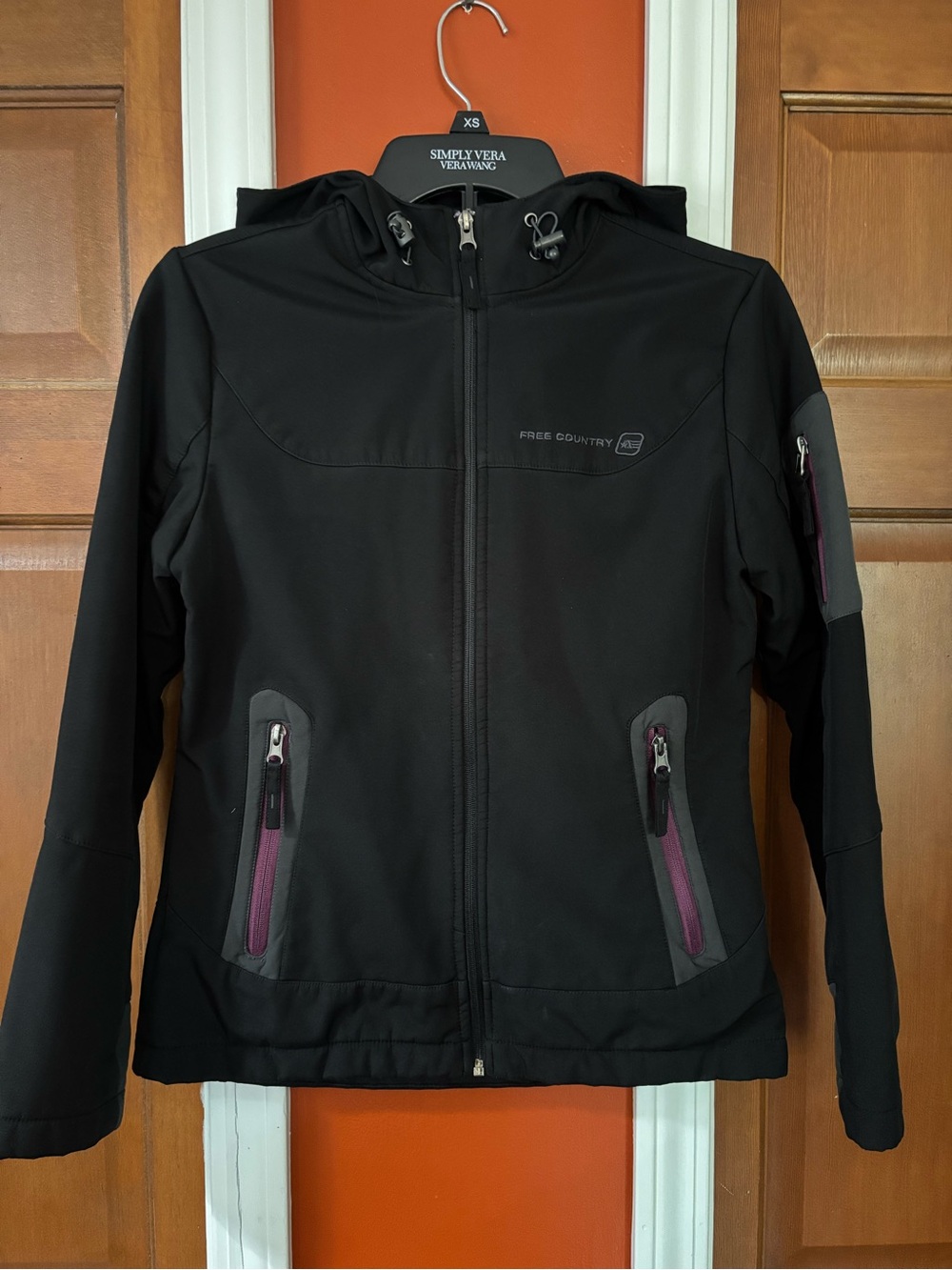 Free Country Black Hooded Softshell Jacket with Purple Zipper Accents